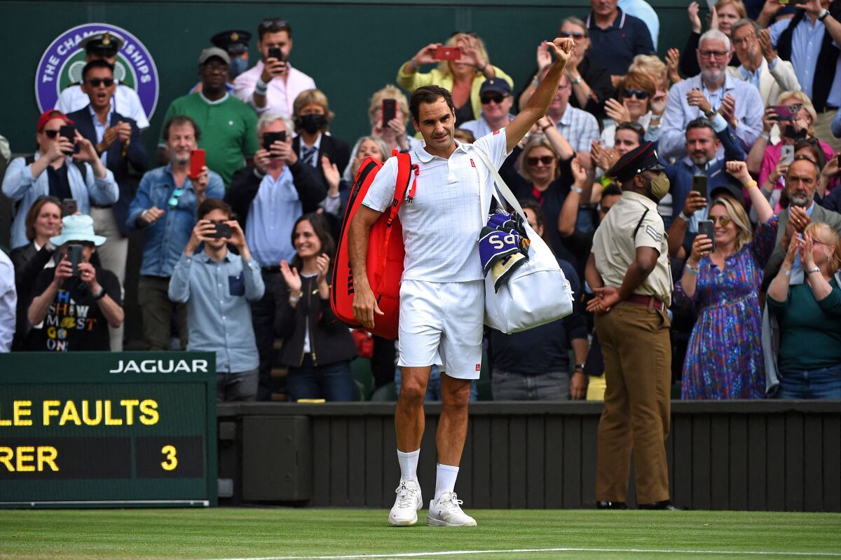 Roger Federer during his quarter final round match at the 2021 Wimbledon Championships
