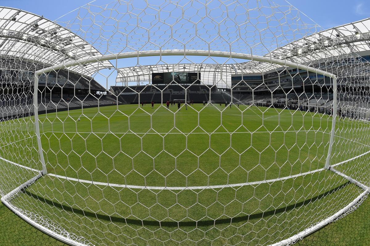 The view from behind one of the goals of an LAFC practice at Banc of California Stadium.