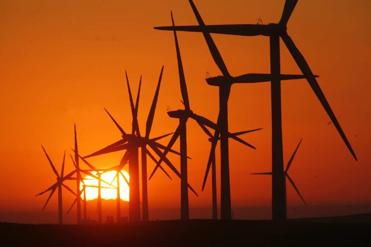 Sunrise at EDF Renewables' field of nearly 300-foot-tall wind turbines near Rio Vista, Calif., in 2012. 
