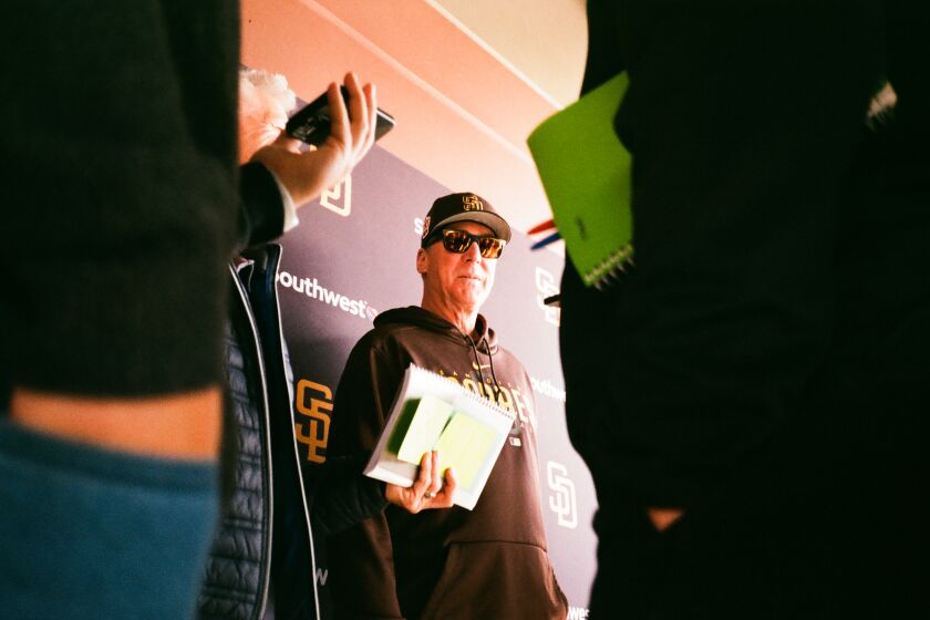Peoria, AZ - February 16: Padres manager Bob Melvin speaks to the media before a spring training workout at the Peoria Sports Complex on Thursday, Feb. 16, 2023 in Peoria, AZ. (Meg McLaughlin / The San Diego Union-Tribune)