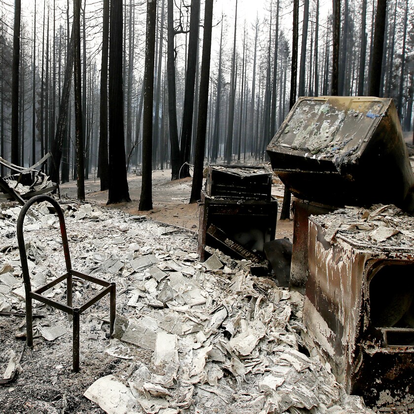Remnants of a burnt home and trees