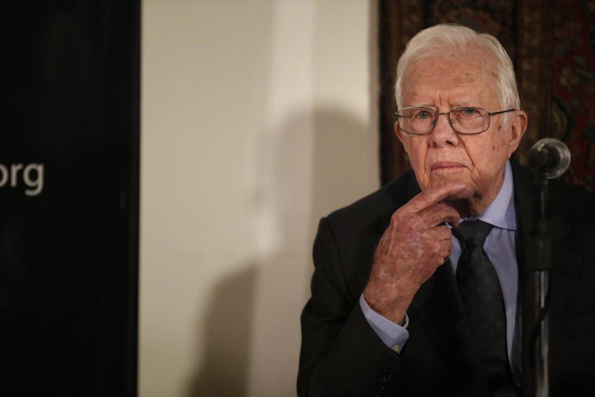Former President Jimmy Carter addresses journalists in Jerusalem in May.