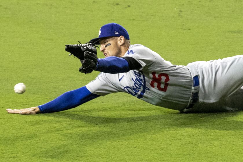 San Diego, CA, Saturday, October 15, 2022 -Los Angeles Dodgers center fielder Trayce Thompson.