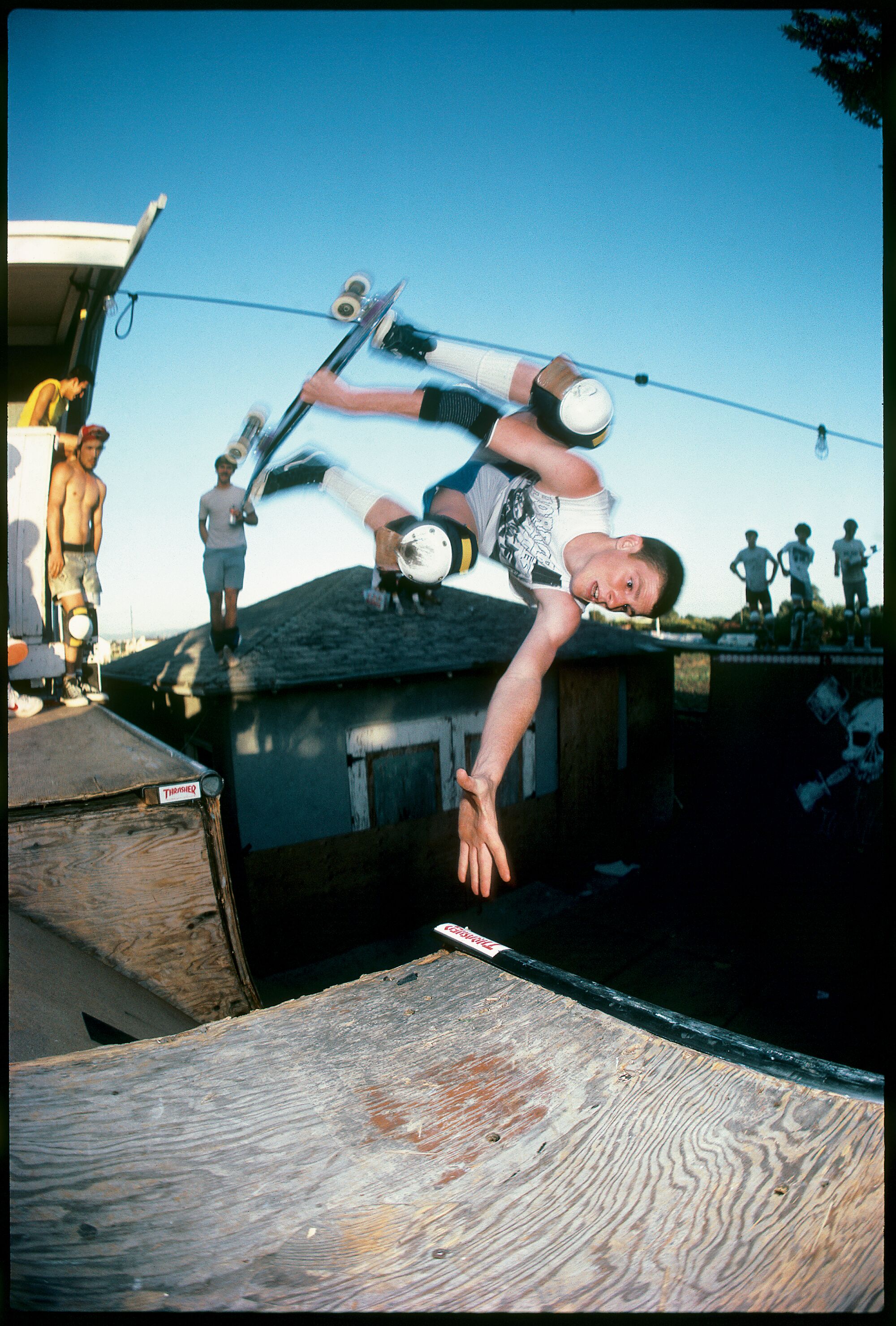 Jeff Grosso skates at Joe Lopes' backyard ramp in San Leandro, Calif., in 1984. 