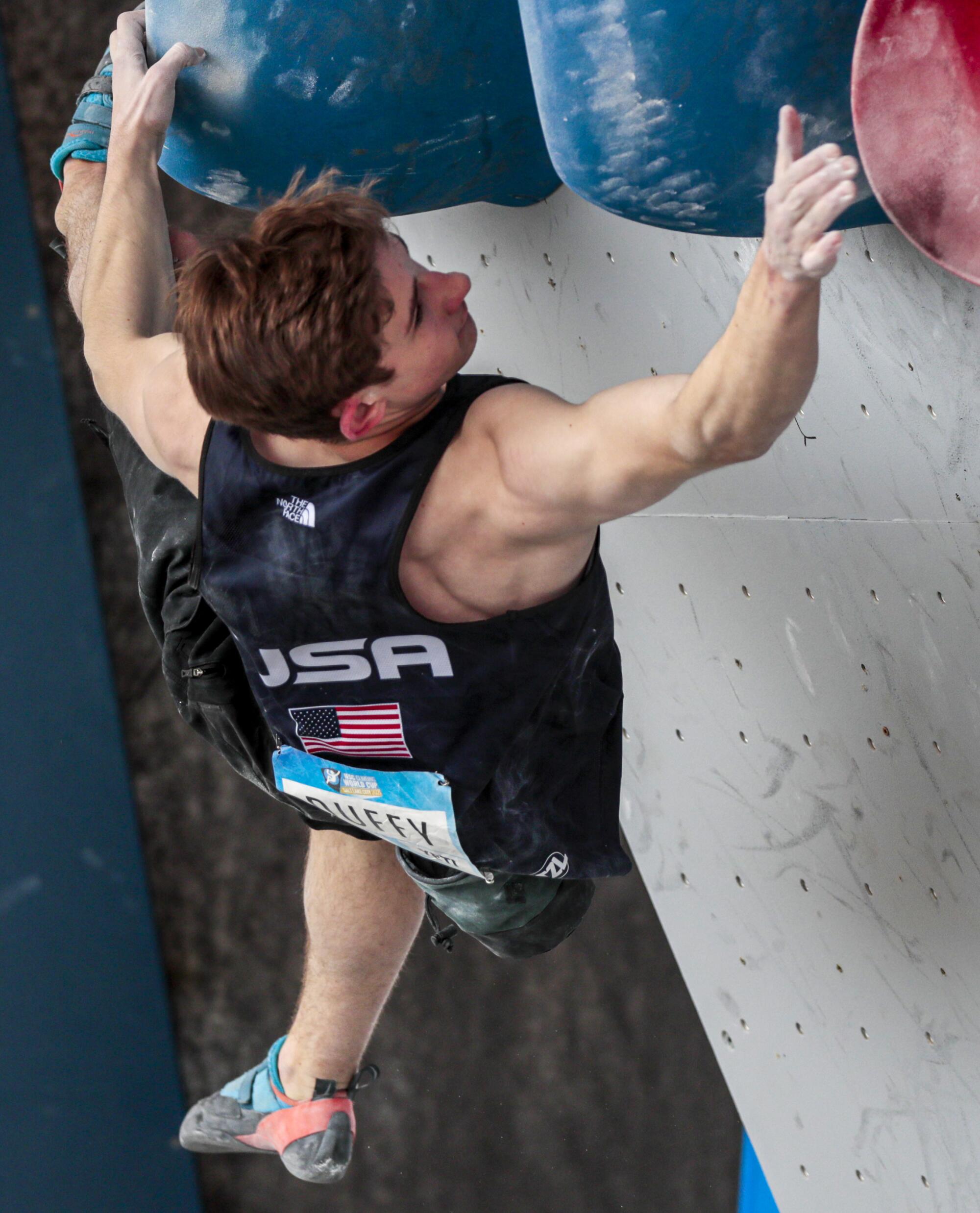 U.S. sport climber Colin Duffy competes in the IFSC Climbing World Cup at Industry SLC in May.