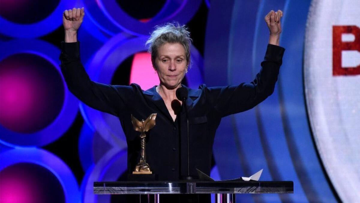 Frances McDormand accepts the award for best female lead for "Three Billboards Outside Ebbing, Missouri" at the 33rd Film Independent Spirit Awards on Saturday, March 3, 2018, in Santa Monica, Calif.
