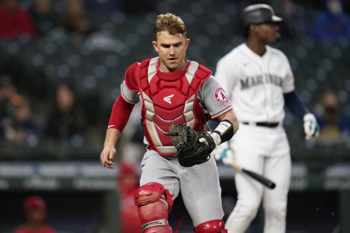 Angels catcher Max Stassi will return to the lineup on Tuesday after a stint on the injured list. (AP Photo/Elaine Thompson)