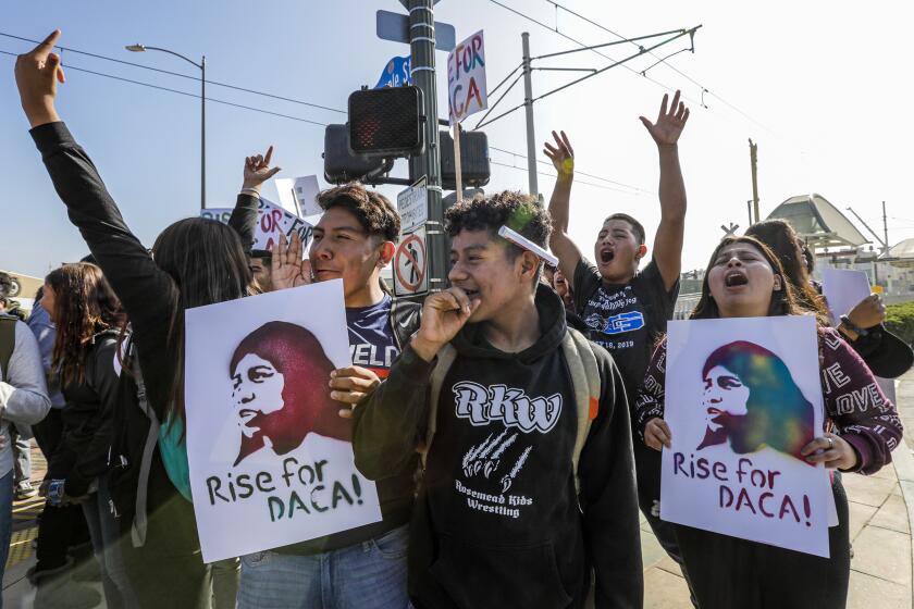 LOS ANGELES, CA - NOVEMBER 12, 2019 -- Hundreds of students from Garfield High arrive Gold Line station in Little Tokyo to take part in rally in support of DACA, the Deferred Action for Childhood Arrivals program. (Irfan Khan / Los Angeles Times)