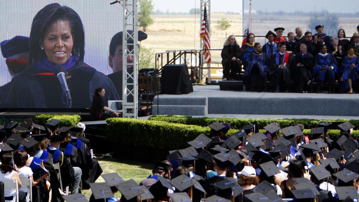 First Lady Michelle Obama gives the commencement address at UC Merced in 2009.