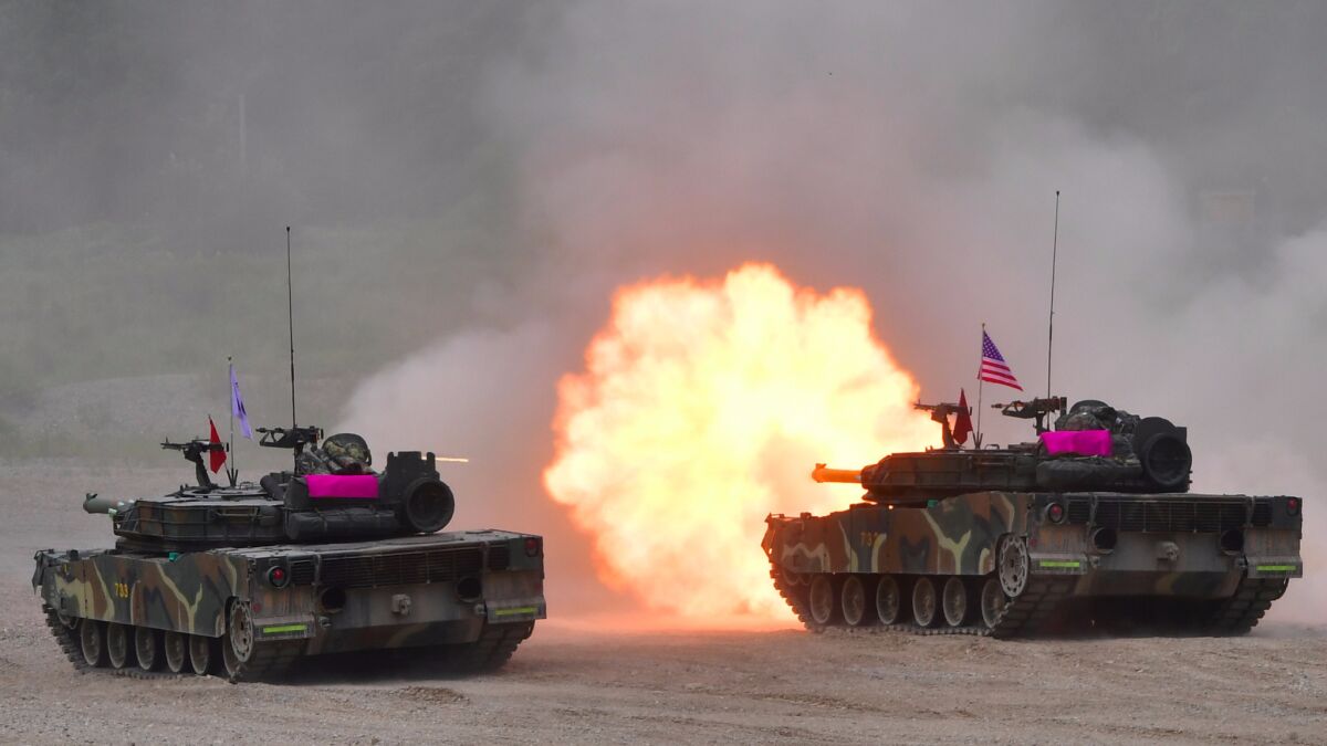 South Korea's K-1 tank fires during a joint drill between U.S. and South Korean Marines in the southeastern port of Pohang.