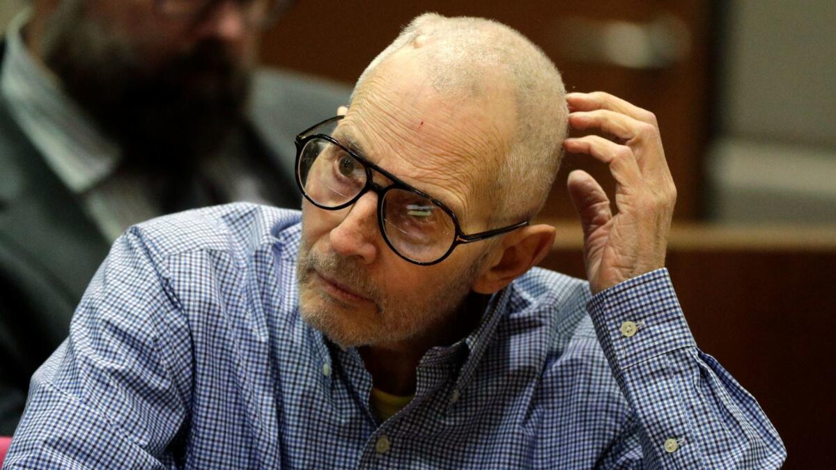 New York real estate scion Robert Durst appears in the Airport Branch courthouse in Los Angeles for a hearing Wednesday. Durst is accused in the December 2000 fatal shooting of his friend, Susan Berman, in her Benedict Canyon home. He has pleaded not guilty.