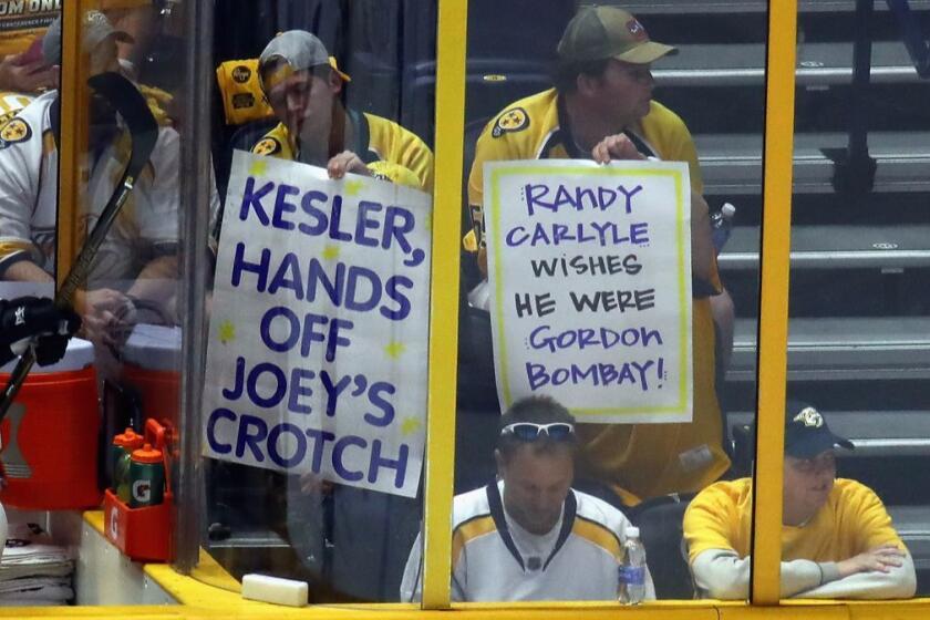 NASHVILLE, TN - MAY 16: Nashville Predators fans hold signs during the first period in Game Three of the Western Conference Final between the Anaheim Ducks and the Nashville Predators during the 2017 Stanley Cup Playoffs at Bridgestone Arena on May 16, 2017 in Nashville, Tennessee. (Photo by Bruce Bennett/Getty Images) ** OUTS - ELSENT, FPG, CM - OUTS * NM, PH, VA if sourced by CT, LA or MoD **