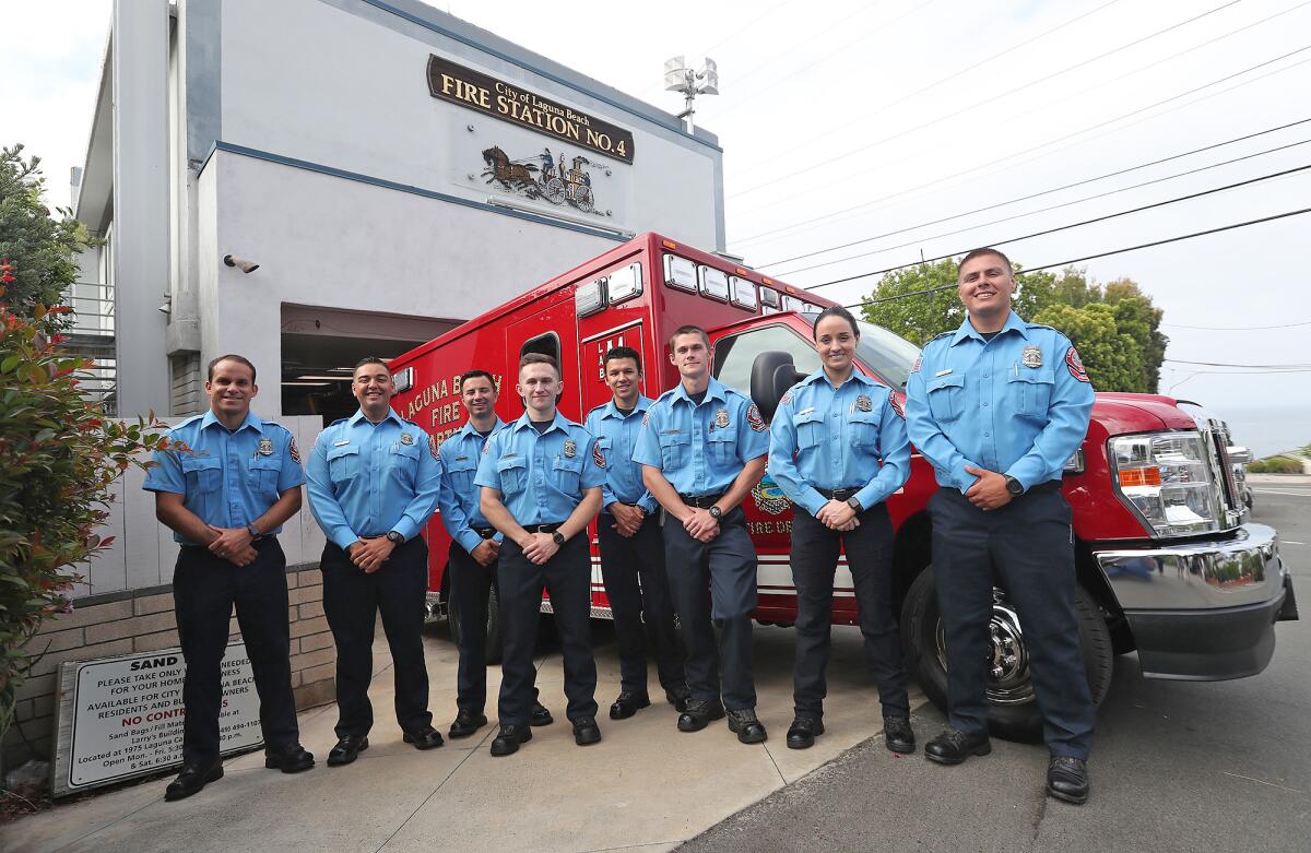 New EMTs stand at Station No. 4 following roll-out ceremony of the in-house ambulance program to Laguna Beach.