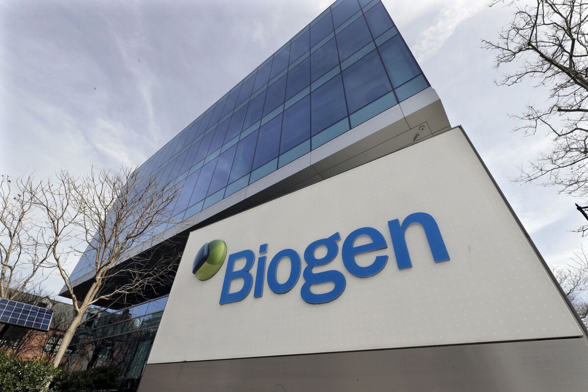 FILE - The Biogen Inc., headquarters is shown March 11, 2020, in Cambridge, Mass. Shares of Biogen started tumbling early Wednesday, Jan. 12, 2022, a day after regulators slapped strict limitations on coverage the drugmaker’s new Alzheimer’s disease treatment. (AP Photo/Steven Senne, File)