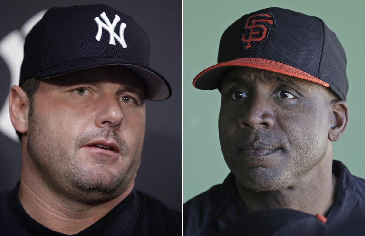 A side-by-side photo of Roger Clemens and Barry Bonds.