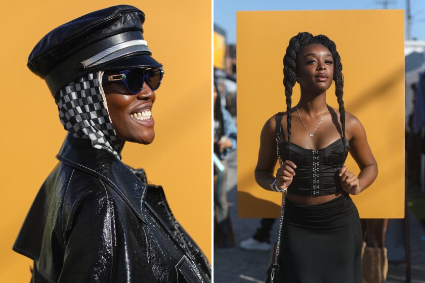 LOS ANGELES, CA - JANUARY 28: Folasade Adeoso of Echo Park(L) and Julia Alexander(R) poses for a portrait while attending Black Market Flea held at The Beehive, an event space and hub for state-of-the-art Technology and Entrepreneurship Center for emerging creatives, and future tech leaders of South LA on Saturday, Jan. 28, 2023 in Los Angeles, CA. (Jason Armond / Los Angeles Times)
