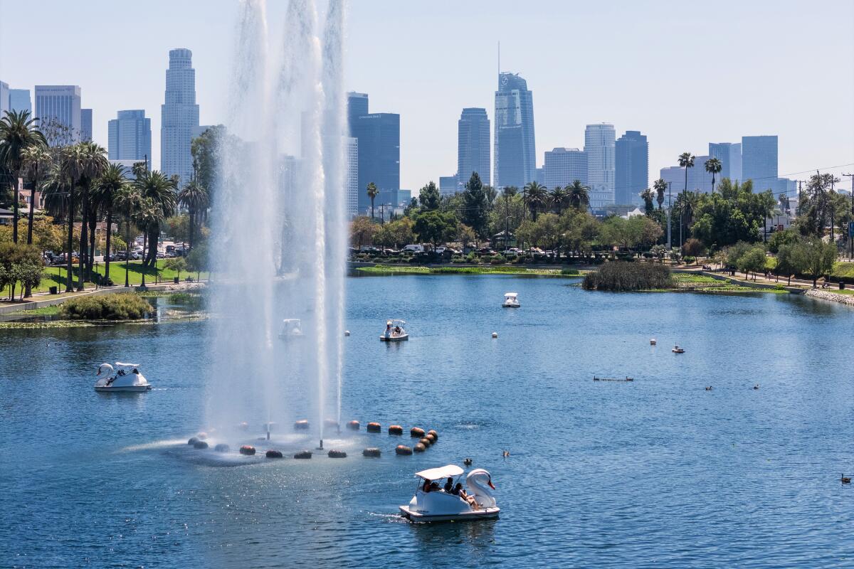 Pedal boats on blue Echo Park Lake on a sunny day