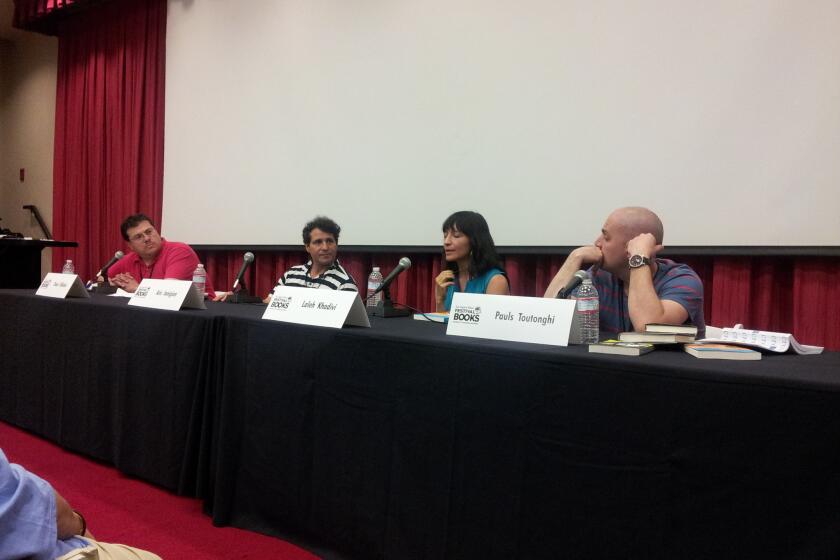 Oscar Villalon, left, Aris Janigian, Laleh Khadivi and Pauls Toutonghi discuss immigrant tales and history.