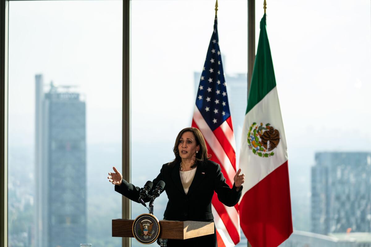 Kamala Harris gestures at a lectern in front of U.S. and Mexican flags. 