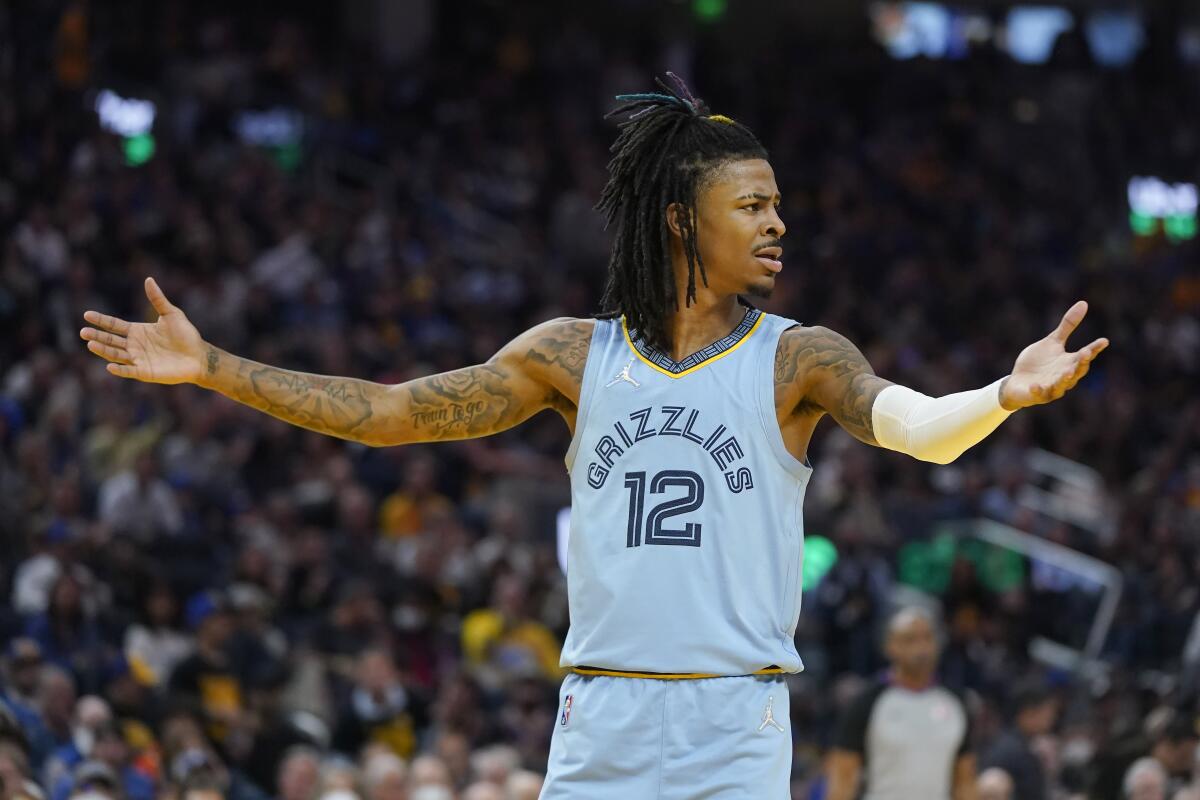 Memphis Grizzlies guard Ja Morant reacts to an official's call during the second half May 7, 2022.