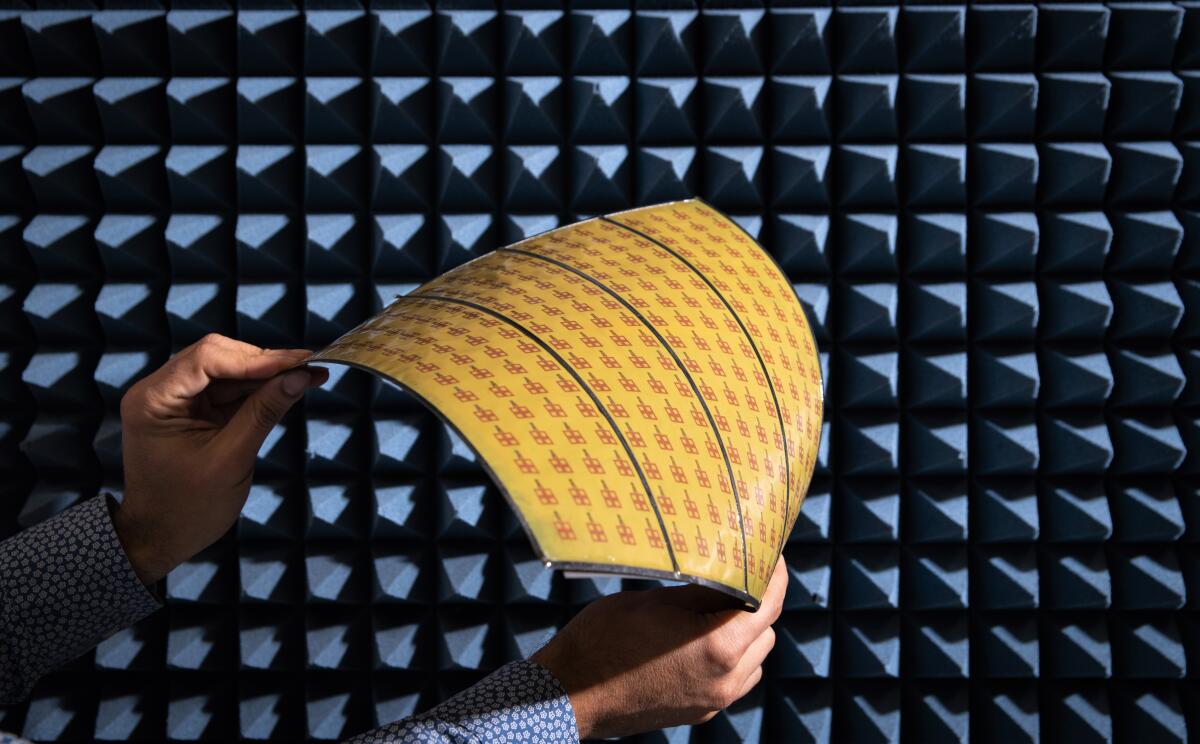 The prototype antenna sheet for the power transmitter array that demonstrates the unit’s flexibility.