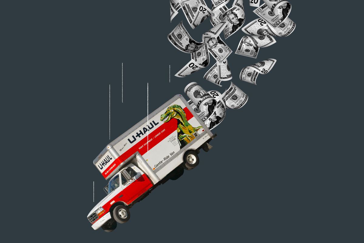 An illustration depicts a U-Haul truck with $20 bills flying out of its rear cargo door