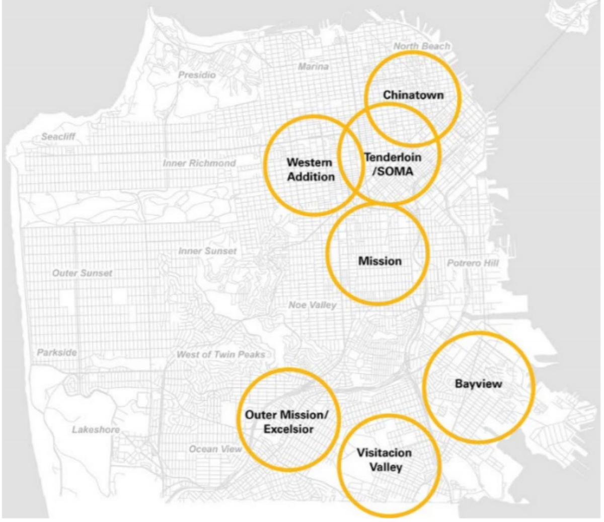 The San Francisco Municipal Transportation Agency has laid out a number of communities of concern, or areas where many low-income people of color do not have easy access to e-scooters.