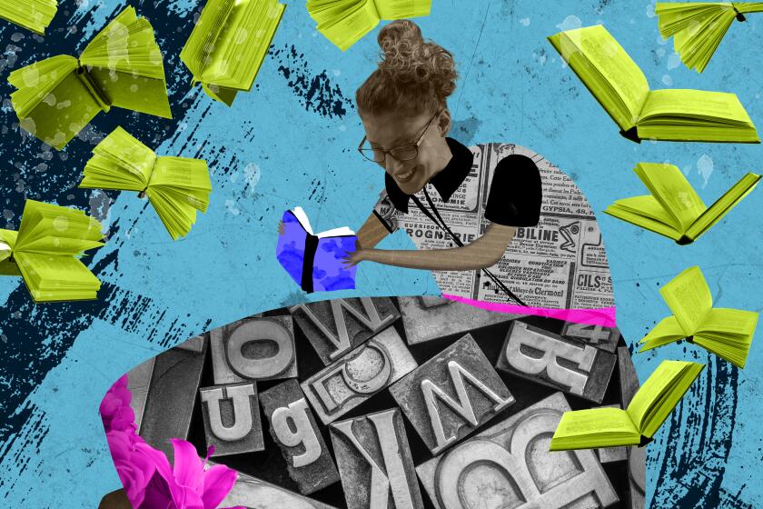Collage of a woman reading, wearing a dress made of letters
