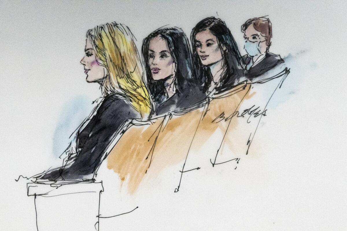 A courtroom sketch featuring four women seated in a court gallery