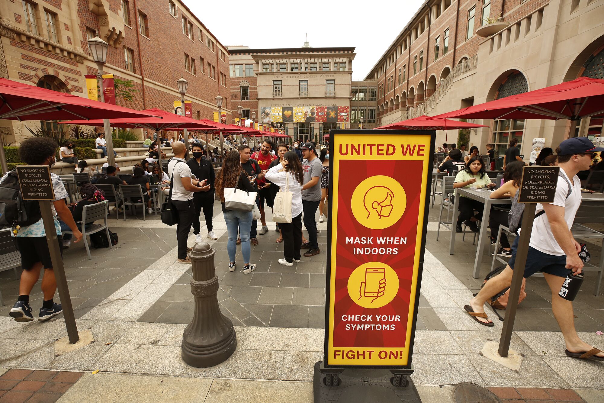 COVID signage on the campus at USC Monday for the first day of in-person classes.