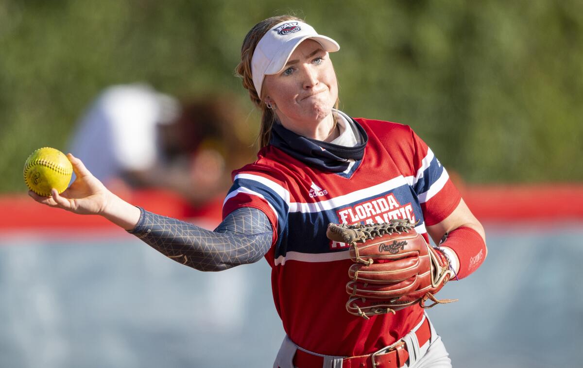 This Feb. 20, 2021 photo shows FAU utility player Riley Ennis during an NCAA softball game in Boca Raton, Fla. All women’s athletes at Florida Atlantic were invited Wednesday, Sept. 8, 2021 to sign endorsement deals with the NHL’s Florida Panthers, the first such offer made by a U.S. major pro franchise. (AP Photo/Doug Murray, File)