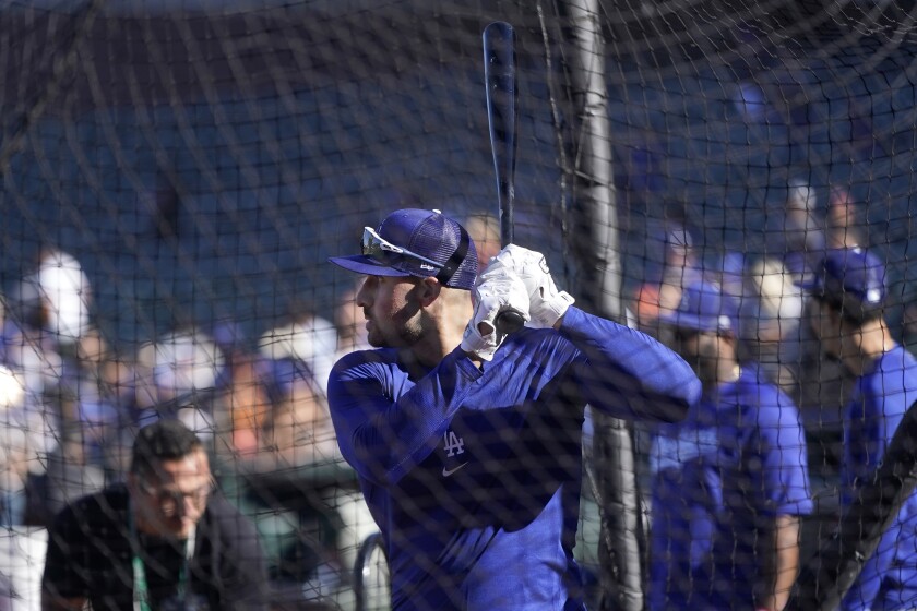 Dodgers' Joey Gallo takes batting practice before a game against the San Francisco Giants.