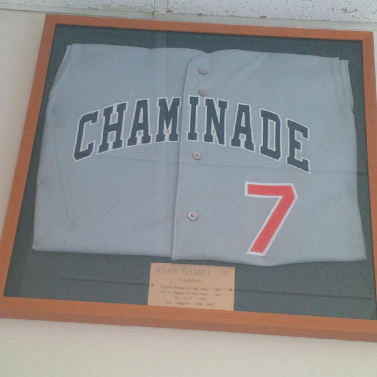 The jersey of Chaminade baseball standout Ryan Hamill (class of 1997).