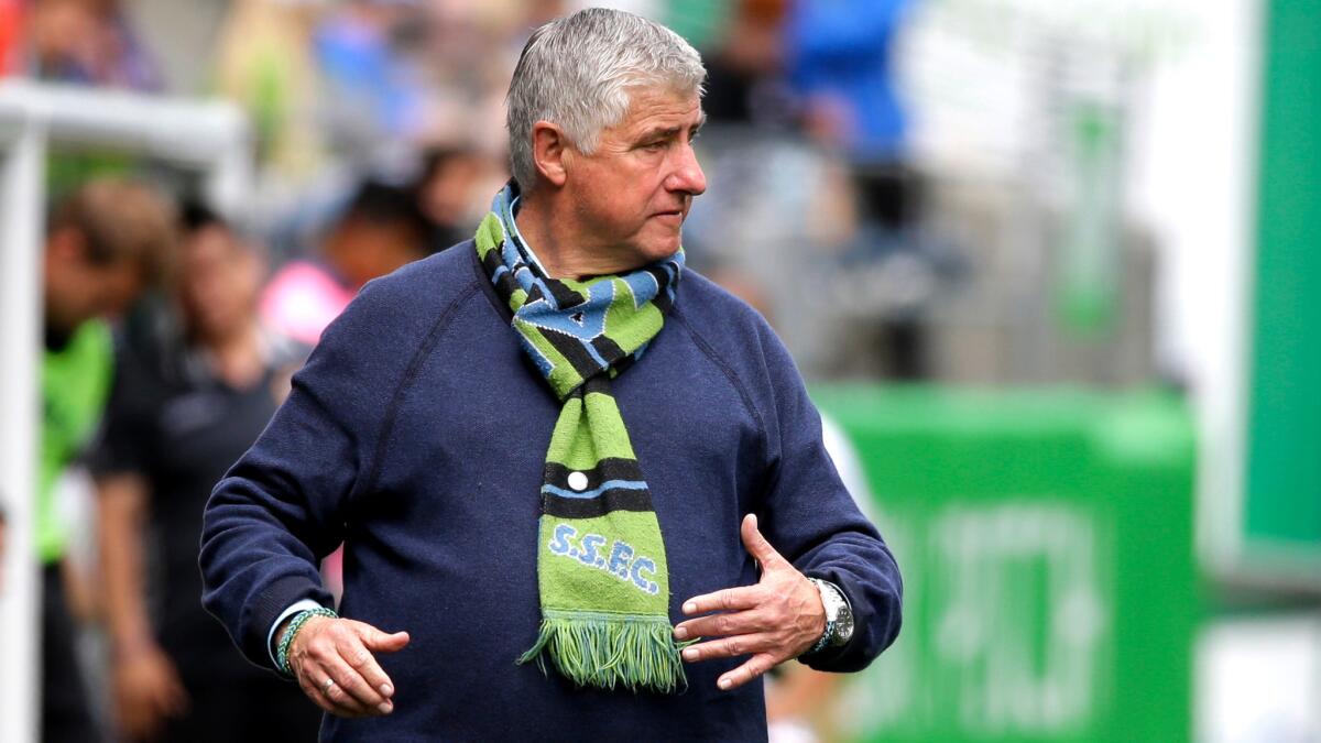 Sigi Schmid patrols the sideline during his tenure with the Seattle Sounders.
