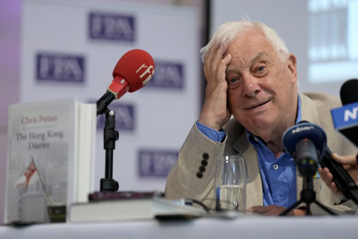 Chris Patten, the last British governor of Hong Kong speaks ahead of the publication of his book "The Hong Kong Diaries", during a press conference hosted by the Foreign Press Association at the Royal Over-Seas League in London, Monday, June 20, 2022. The publication of the book coincides with the 25th anniversary year of when Hong Kong was handed back to China from being a British colony in 1997. (AP Photo/Matt Dunham)