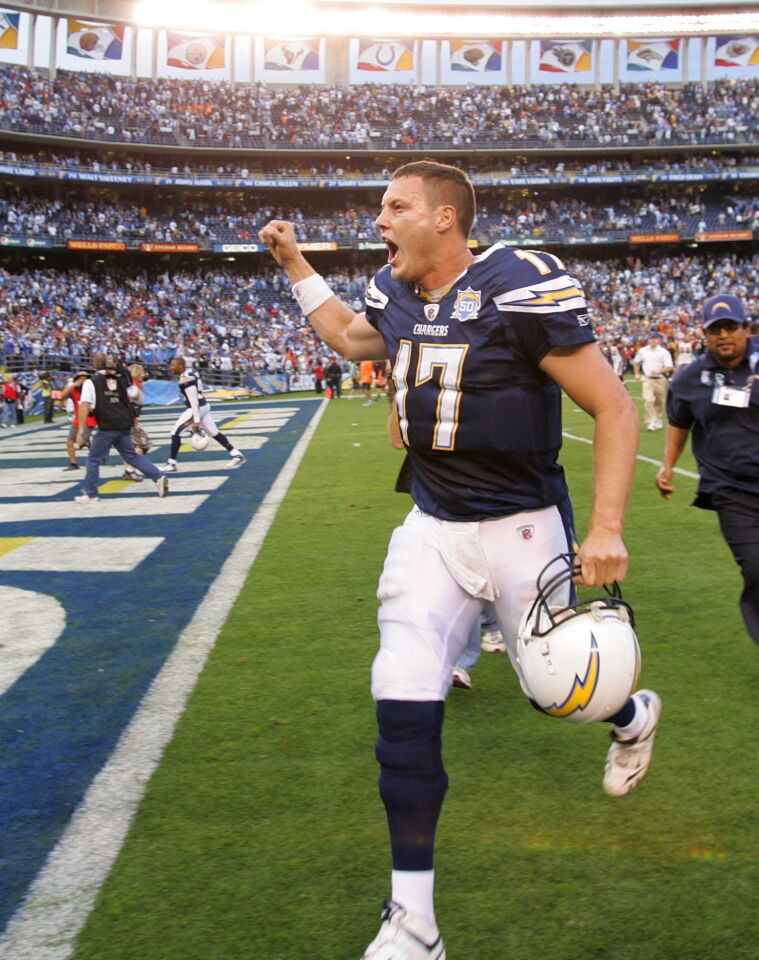 Chargers Philip Rivers celebrates after a victory over the Bengals at Qualcomm Stadium on Dec. 20, 2009.