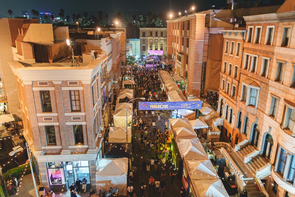 A aerial view of a food festival Food Bowl at Paramount Pictures Studio Backlot.