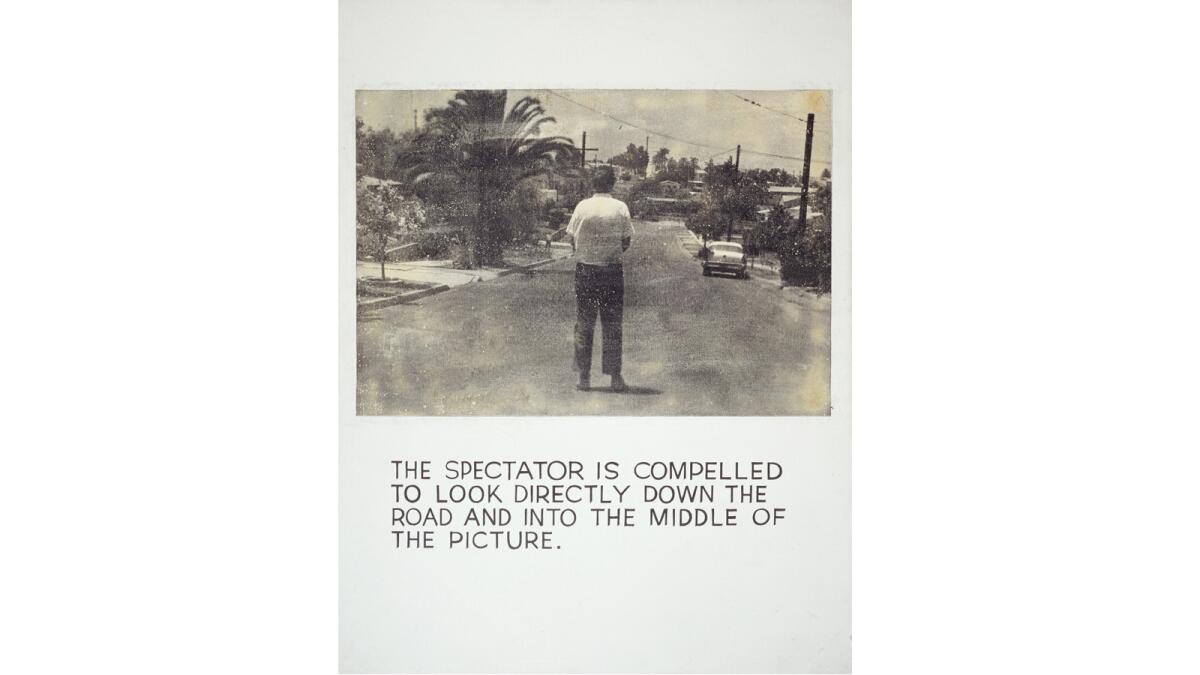 John Baldessari, "The Spectator Is Compelled...," 1966-68, photographic emulsion and acrylic on canvas, 59 x 45 in. (149.86 x 114.3 cm)