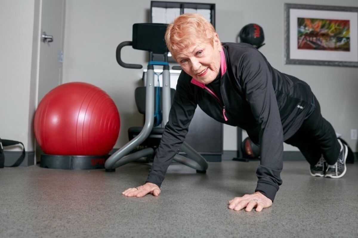 Fitness expert Elaine LaLanne exercises daily at age 94, including push-ups.