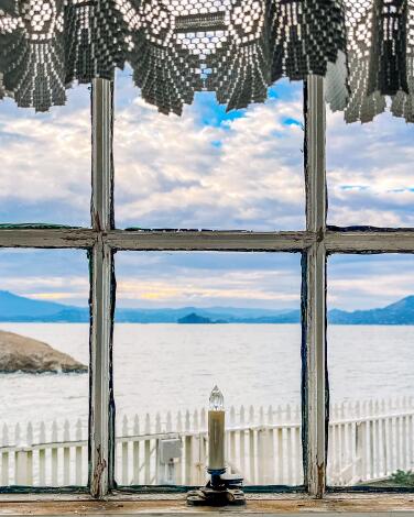 A window looking out at San Francisco Bay. 