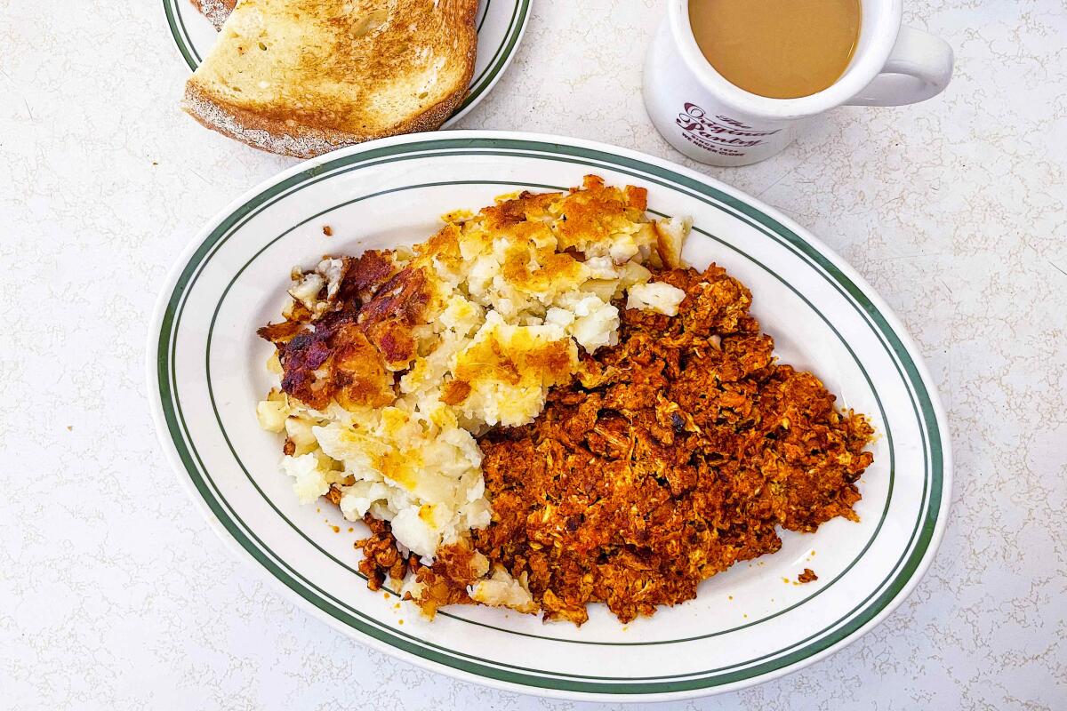 A dish from the Original Pantry diner served with toast and coffee