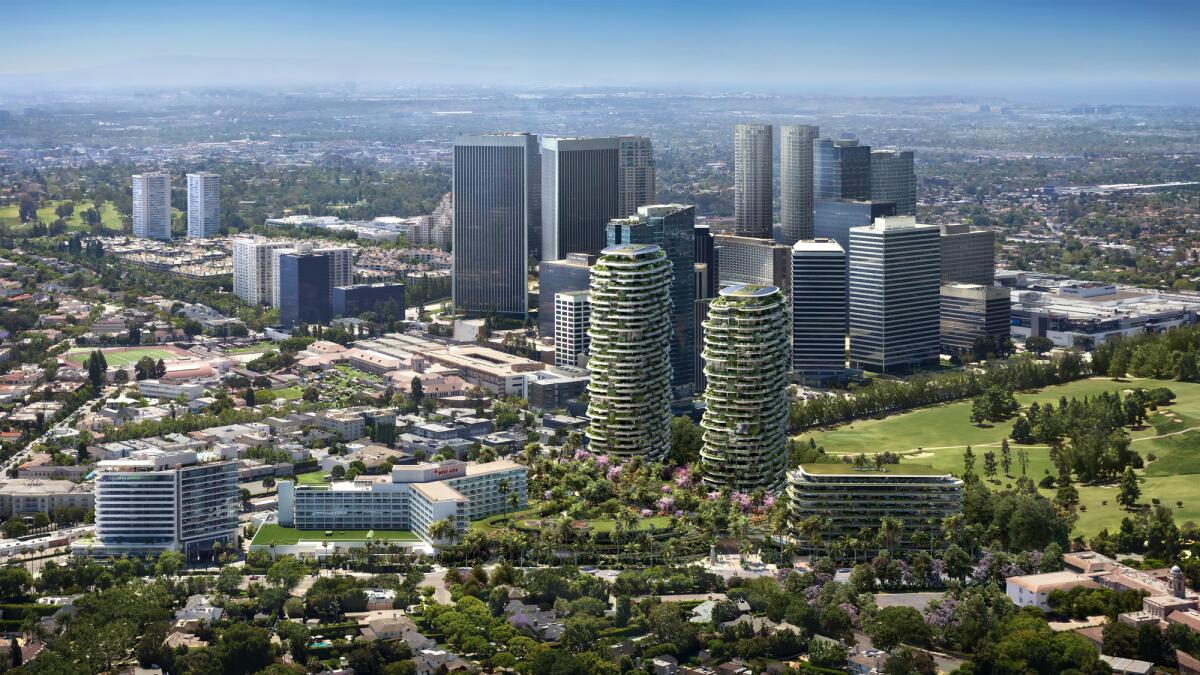 This artist rendering mimics an aerial view of the Beverly Hills area with high rise buildings in the center.