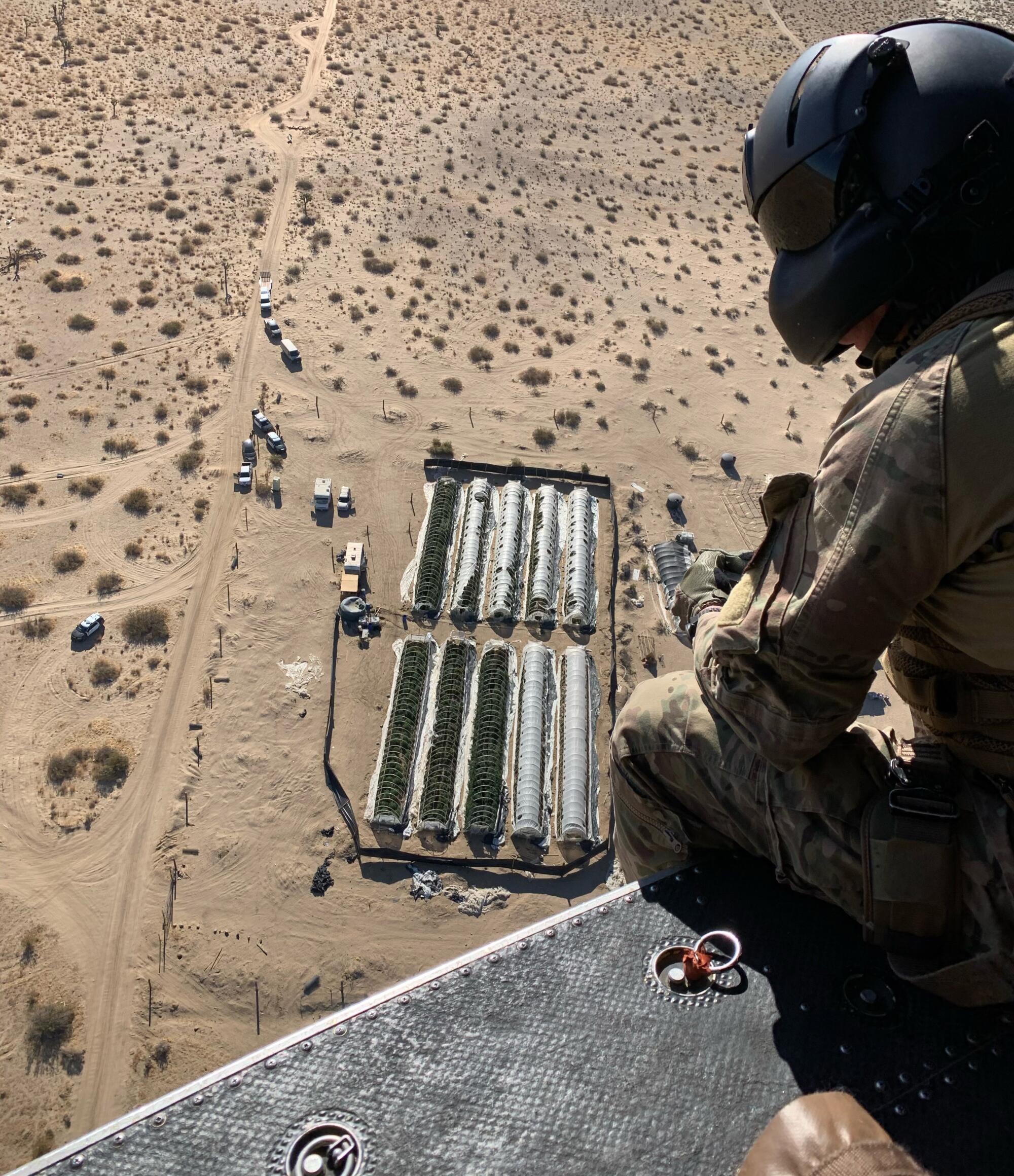 An aerial image of three illegal marijuana grow farms discovered in the Antelope Valley.