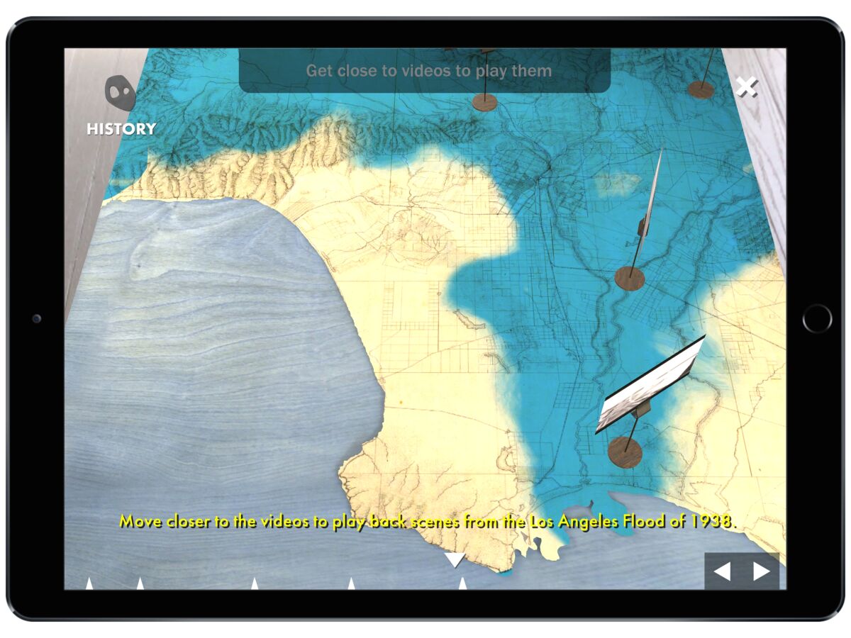 A still from the augmented reality app "Rio de Los Angeles" shows an overhead view of the Los Angeles Basin
