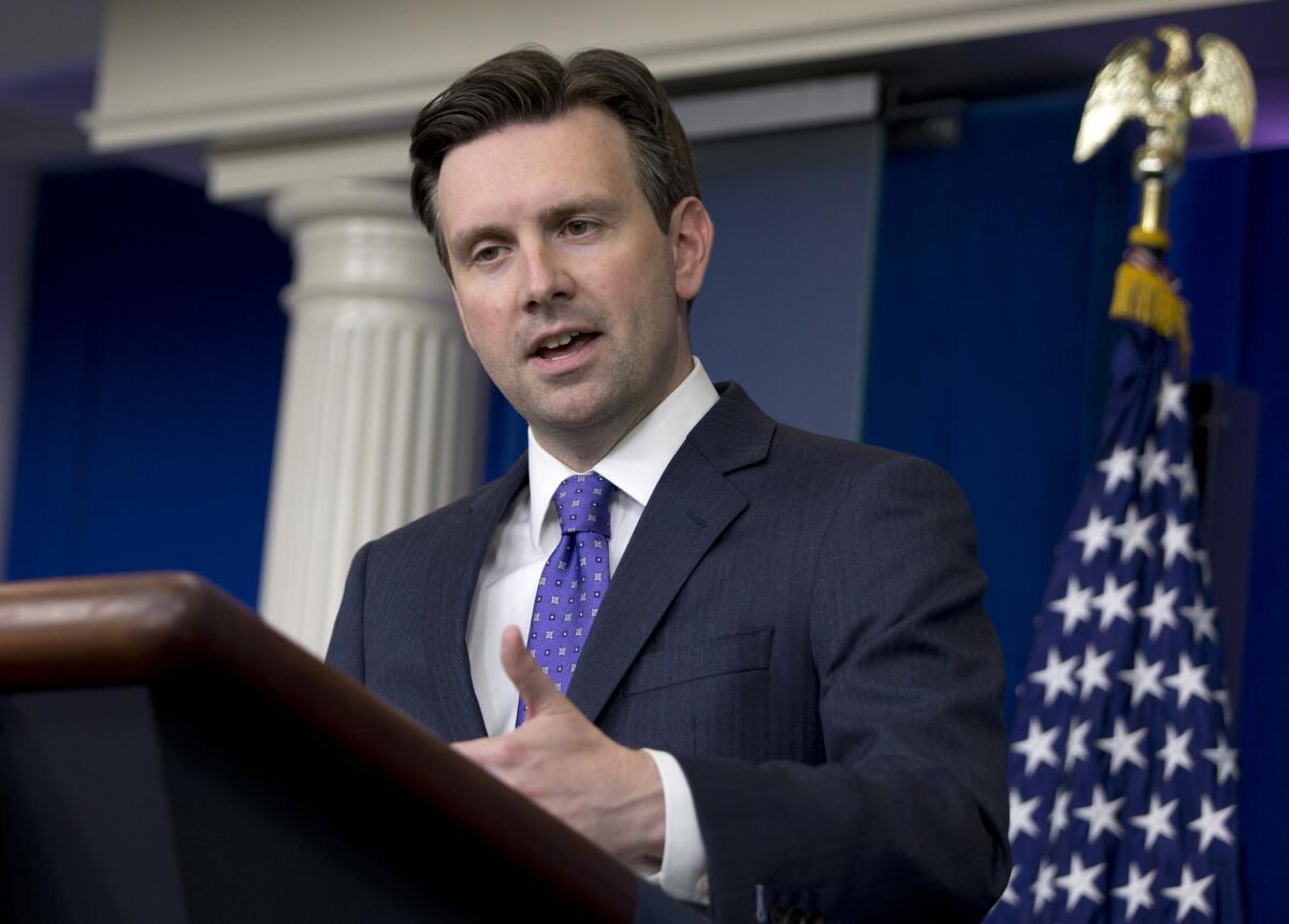 White House spokesman Josh Earnest speaks during a news briefing at the White House on May 19.