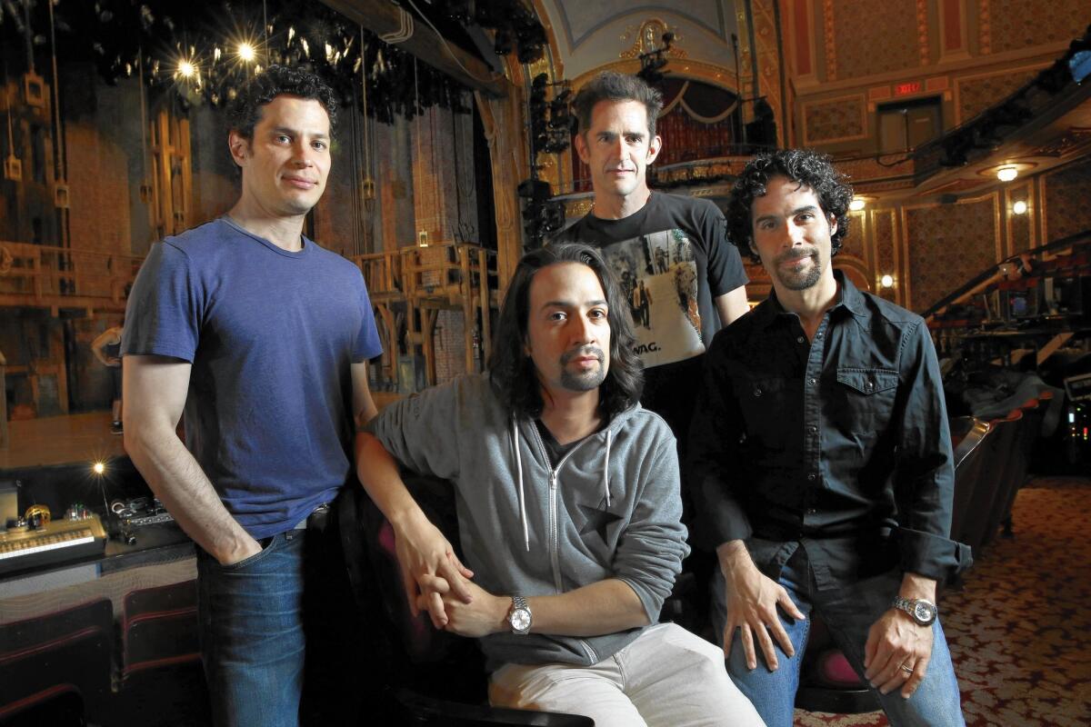 "Hamilton" is a collaboration among Thomas Kail (director), left, Lin-Manuel Miranda (music, lyrics and book), Andy Blankenbeuhler (choreographer) and Alex Lacamoire (music direction and orchestrations), photographed together in 2015.