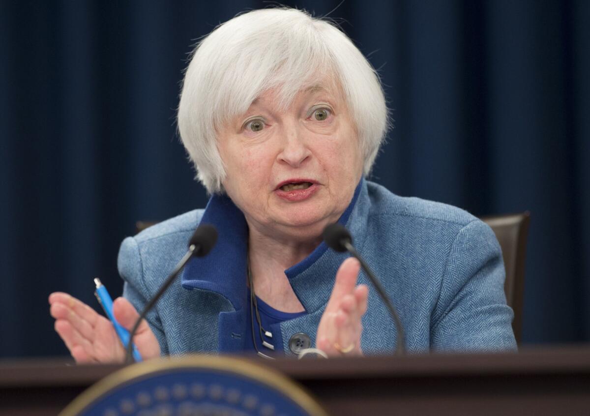Federal Reserve Chair Janet Yellen speaking during a news conference following an announcement in December that the Fed would raise interest rates.