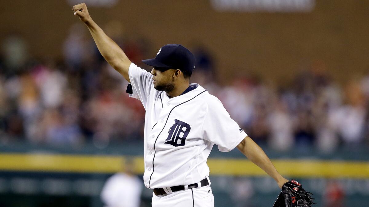 Tigers closer Francisco Rodriguez reacts after recording his 400th save during a game against the Phillies on May 24.