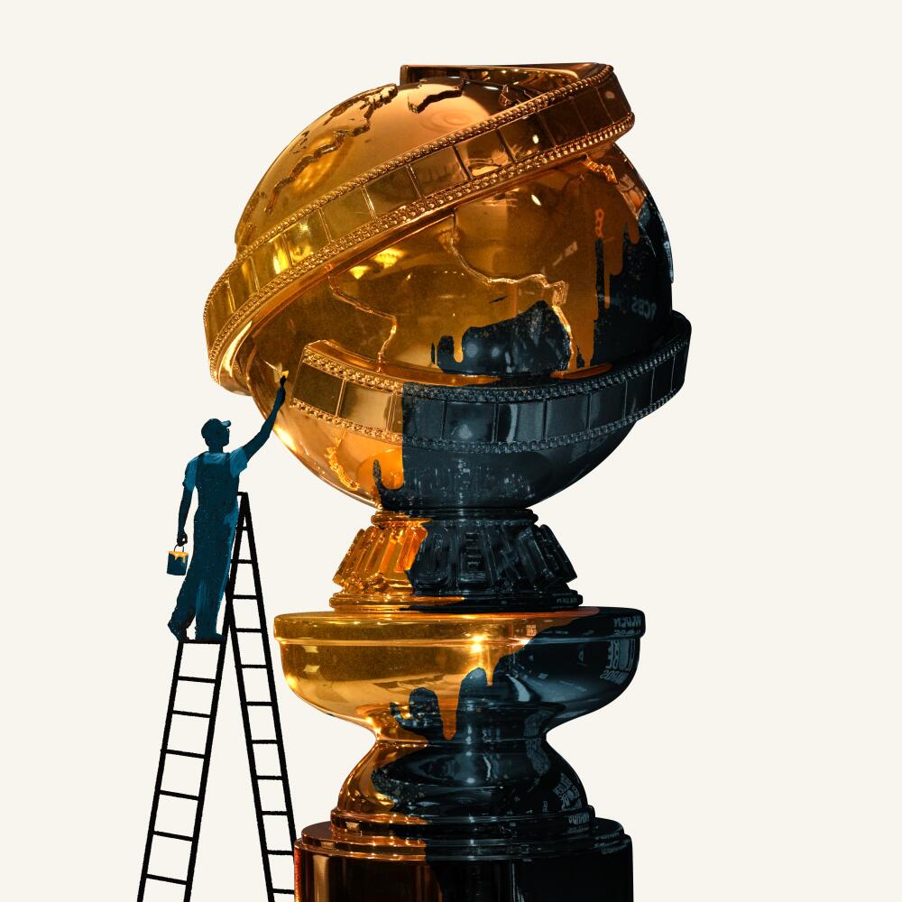 Illustration of an enlarged Golden Globe statuette being painted with a new coat of gold.