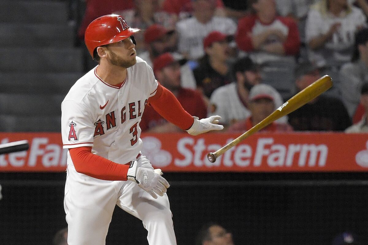 Angels' Taylor Ward drops his bat as he hits a two-run home run during the seventh inning against the Cleveland Guardians.